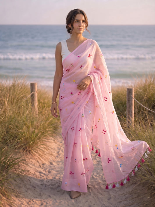 Gardenalia Pink - Embroidered Pure Mulmul Cotton Saree