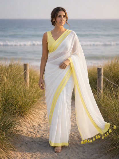 Bright Side - White Pure Mulmul Cotton Saree