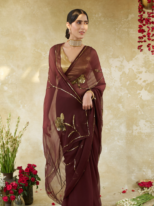 Midas - Resin Gold Sequin Pure Chiffon Partywear Saree