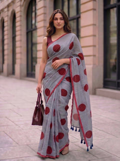 Spot On - Charcoal Polka Dot Mulmul Cotton Saree