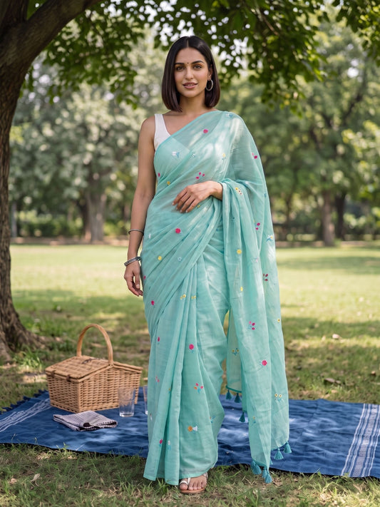 Gardenalia Aqua - Green Floral Embroidered Mulmul Cotton Saree