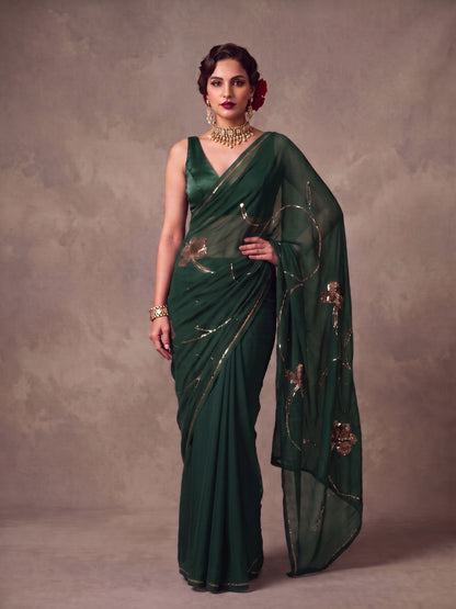 Emerald - Green Gold Sequin Pure Chiffon Partywear Saree