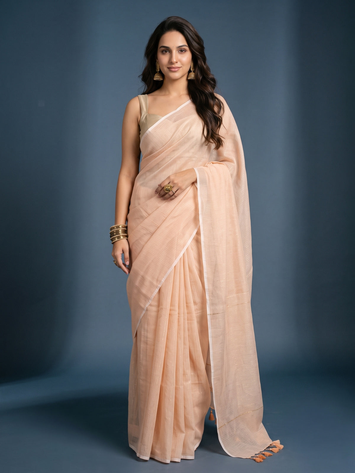 Beige - Striped Mul Cotton Zari Saree
