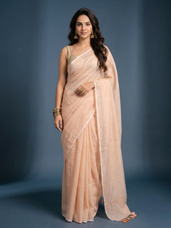 Beige - Striped Mul Cotton Zari Saree