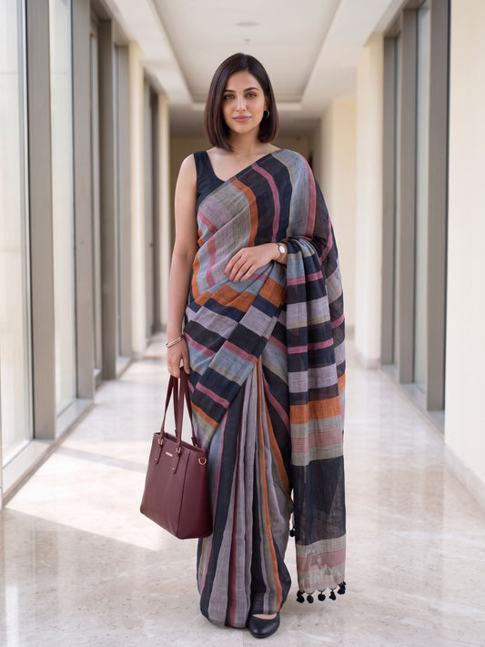 Crosswalk - Multicolour Striped Pure Handloom Linen Saree