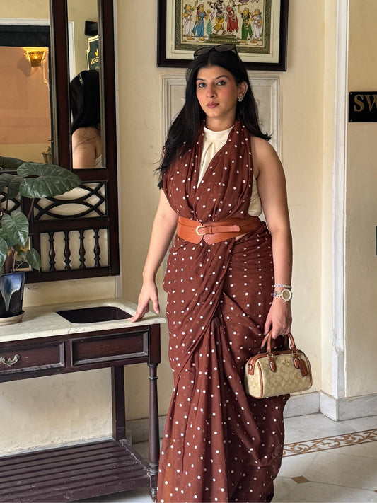 Dot Theory - Chocolate Brown Polka Dot Modal Cotton Saree