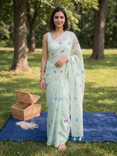 Gardenalia Mint - Green Floral Embroidered Mulmul Cotton Saree