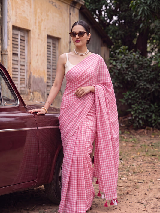 Blush Orchard - Soft Pink Gingham Mulmul Cotton Saree