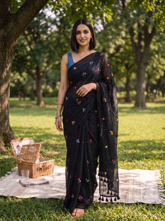 Gardenalia Black - Floral Embroidered Mulmul Cotton Saree
