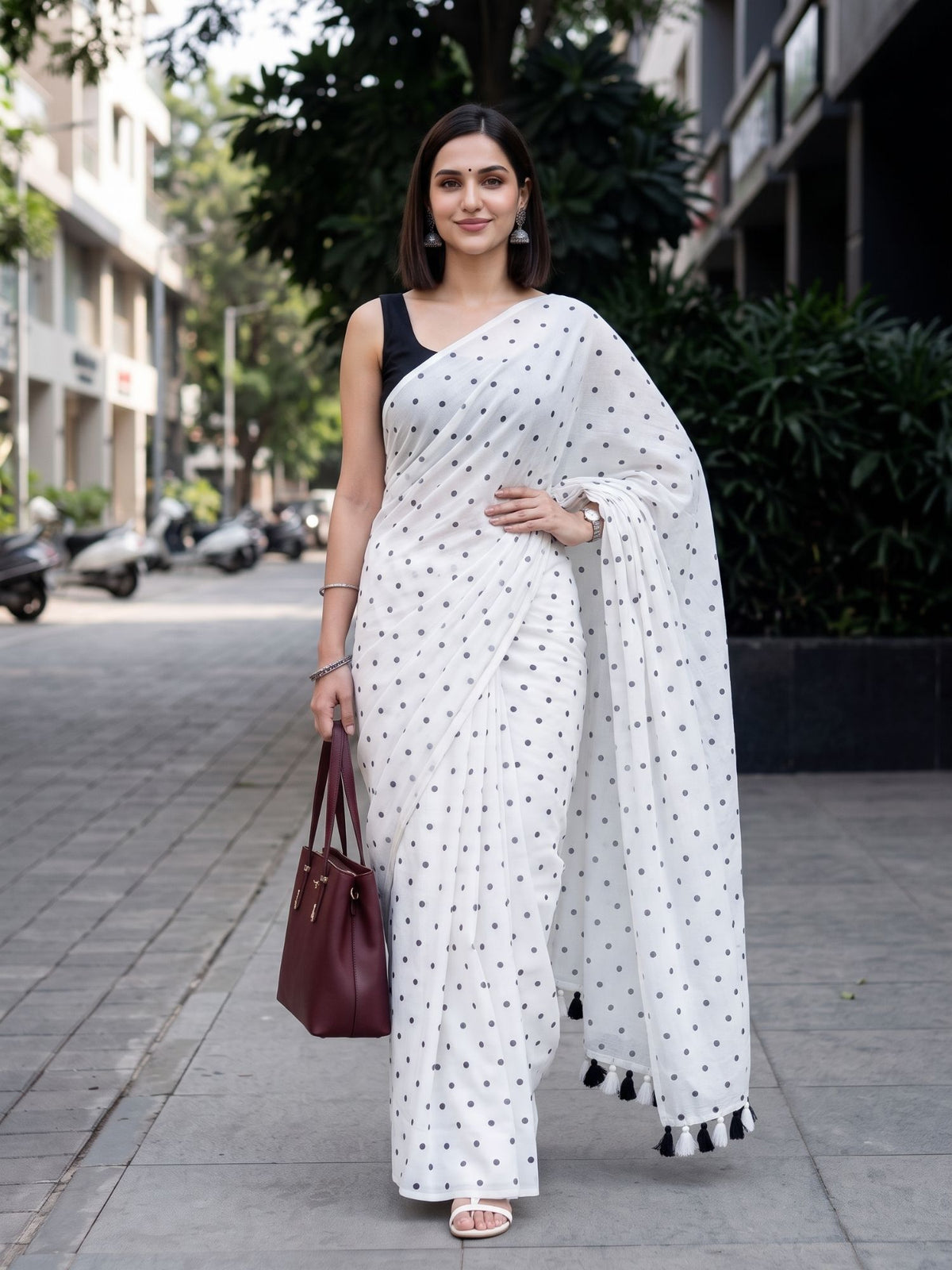 Moonlit Pearl white polka dot modal cotton saree from MAYIN India