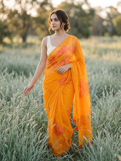 Anthuria - Orange Handpainted Mulmul Cotton Saree