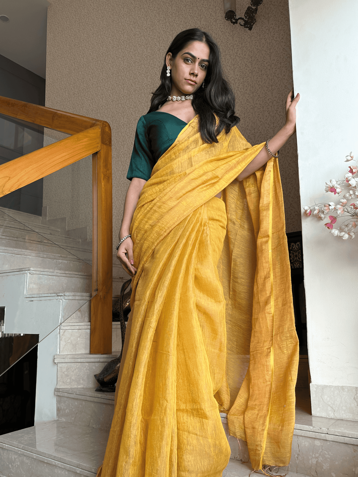 Mustard Handloom Linen Tissue Saree