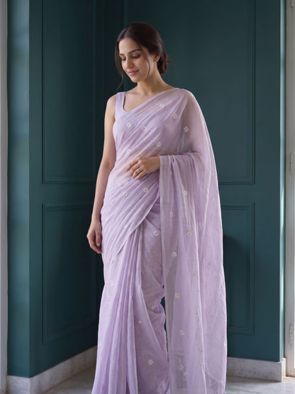 Lilac Bloom - Lavender Floral Original Dhakai Jamdani Saree