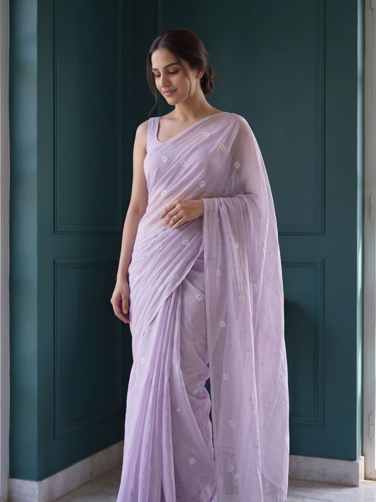 Lilac Bloom - Lavender Floral Original Dhakai Jamdani Saree