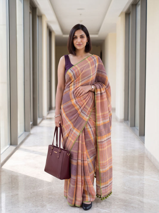 Boardroom - Multicolour Checked Pure Handloom Linen Saree