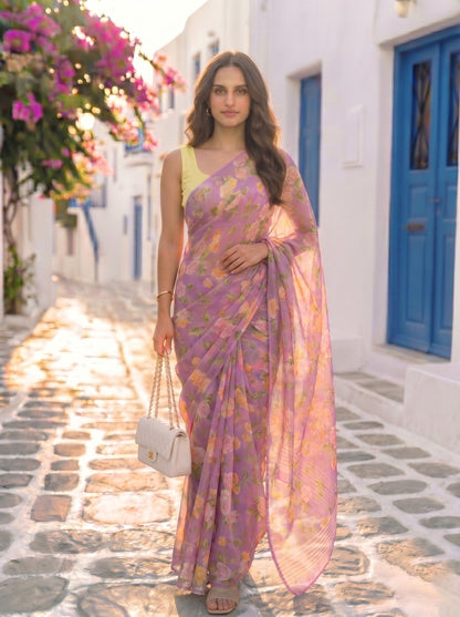 Solenne - Lavender Floral Print Pure Chiffon Saree