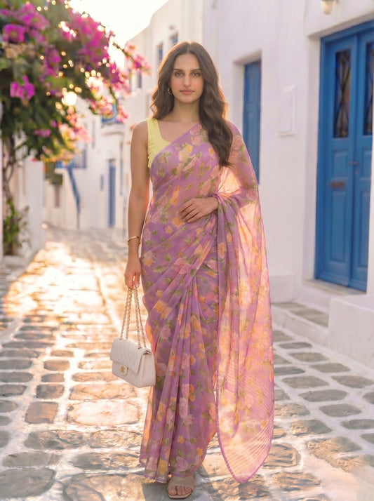 Solenne - Lavender Floral Print Pure Chiffon Saree