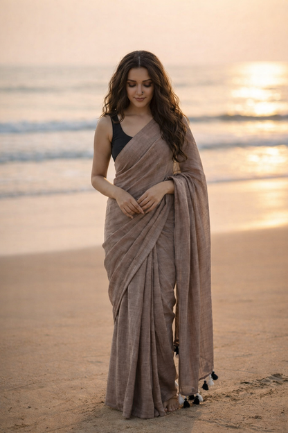 Toasted Almond - Plain Brown Mul Cotton Saree