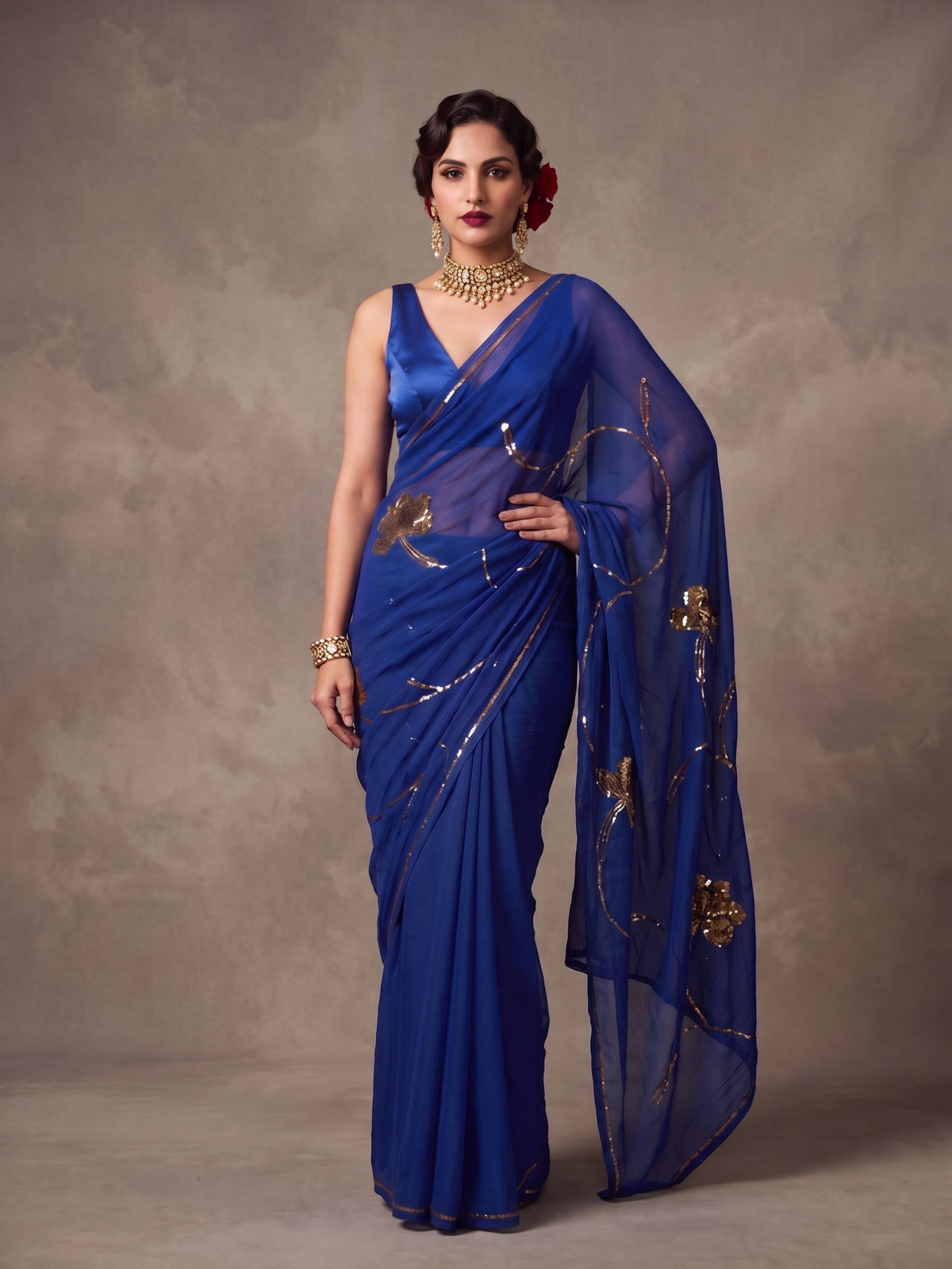Sapphire - Royal Blue Gold Sequin Pure Chiffon Partywear Saree