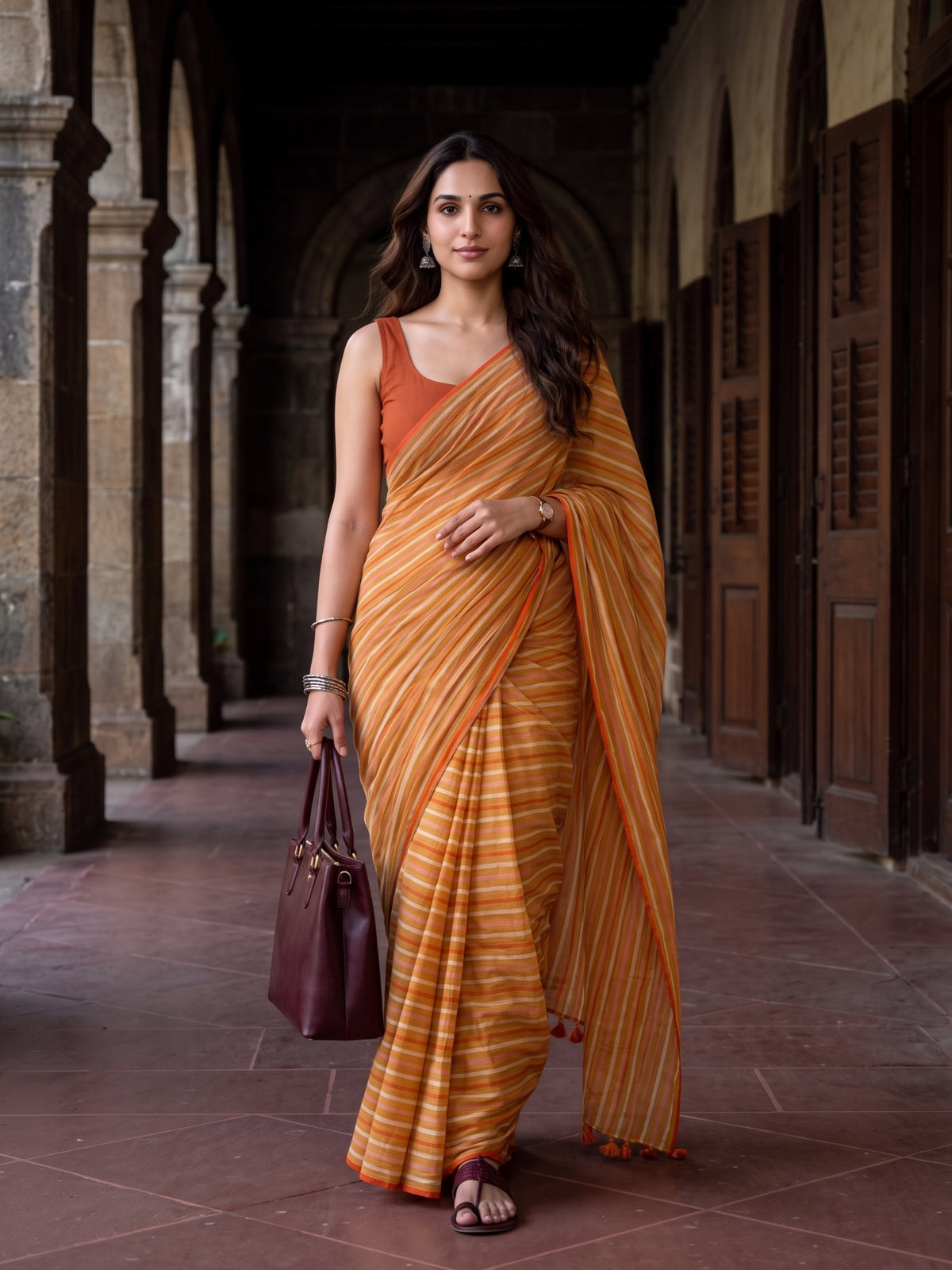 Outlook- Yellow Striped Mulmul Cotton Saree