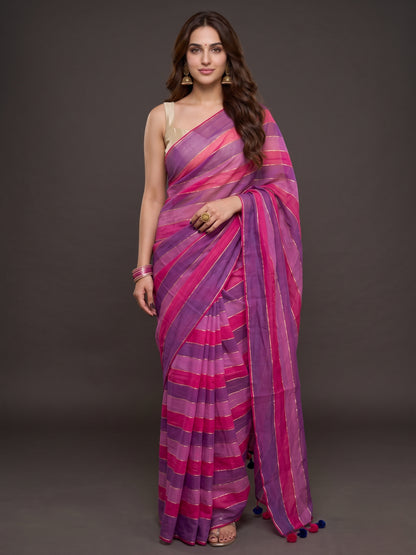 Abhira purple and pink striped mul cotton saree with zari from MAYIN India