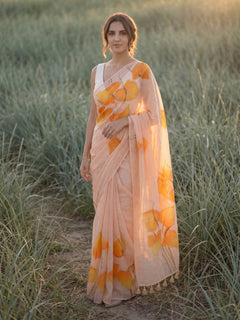 Anthuria - Beige Handpainted Mulmul Cotton Saree