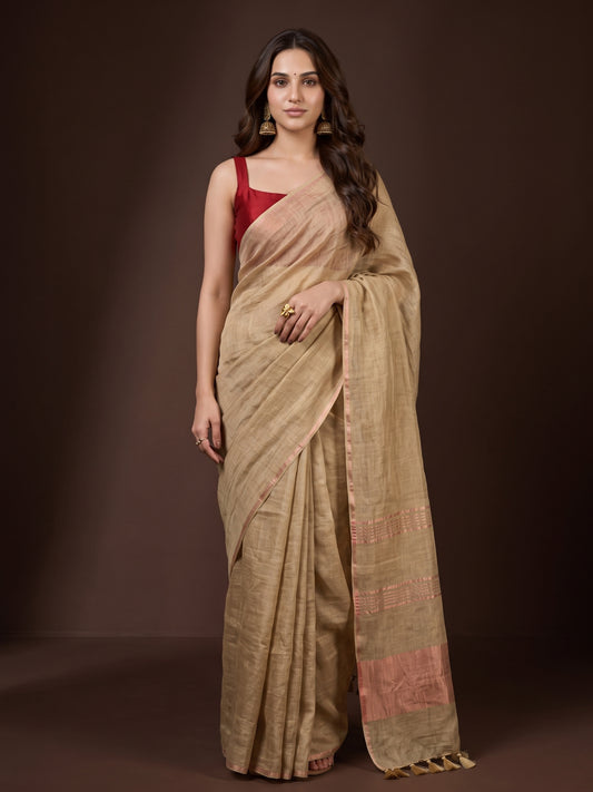 Beige - Pure Handloom Linen Saree with Zari Border