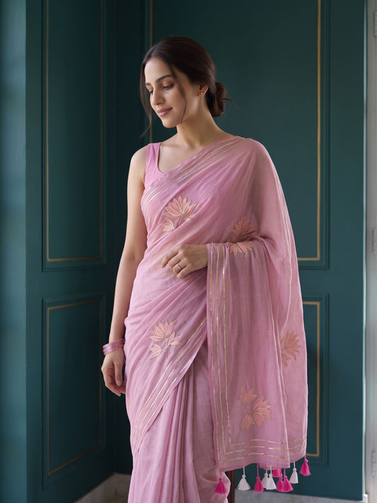 Mauve Kiss - Pink Embroidered Mul Cotton Saree