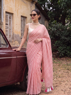 Poppy Seed - Red Gingham Mulmul Cotton Saree
