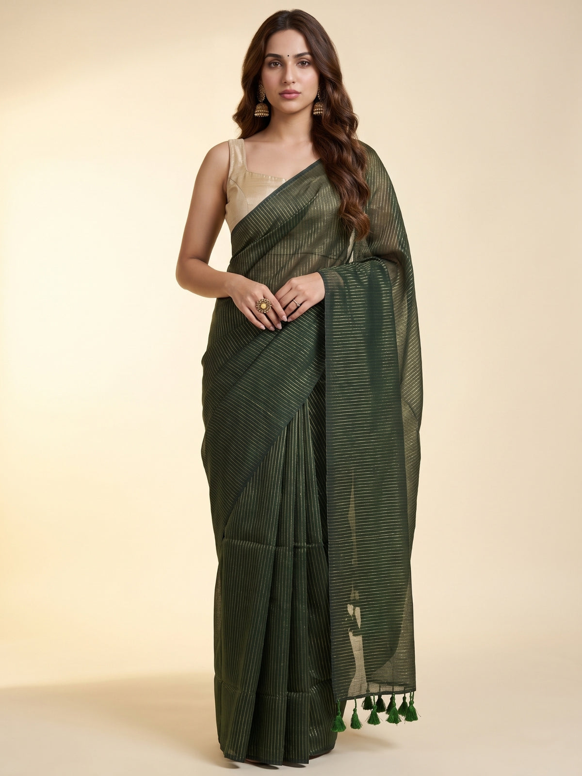 Emerald - Green Striped Mul Cotton Zari Saree