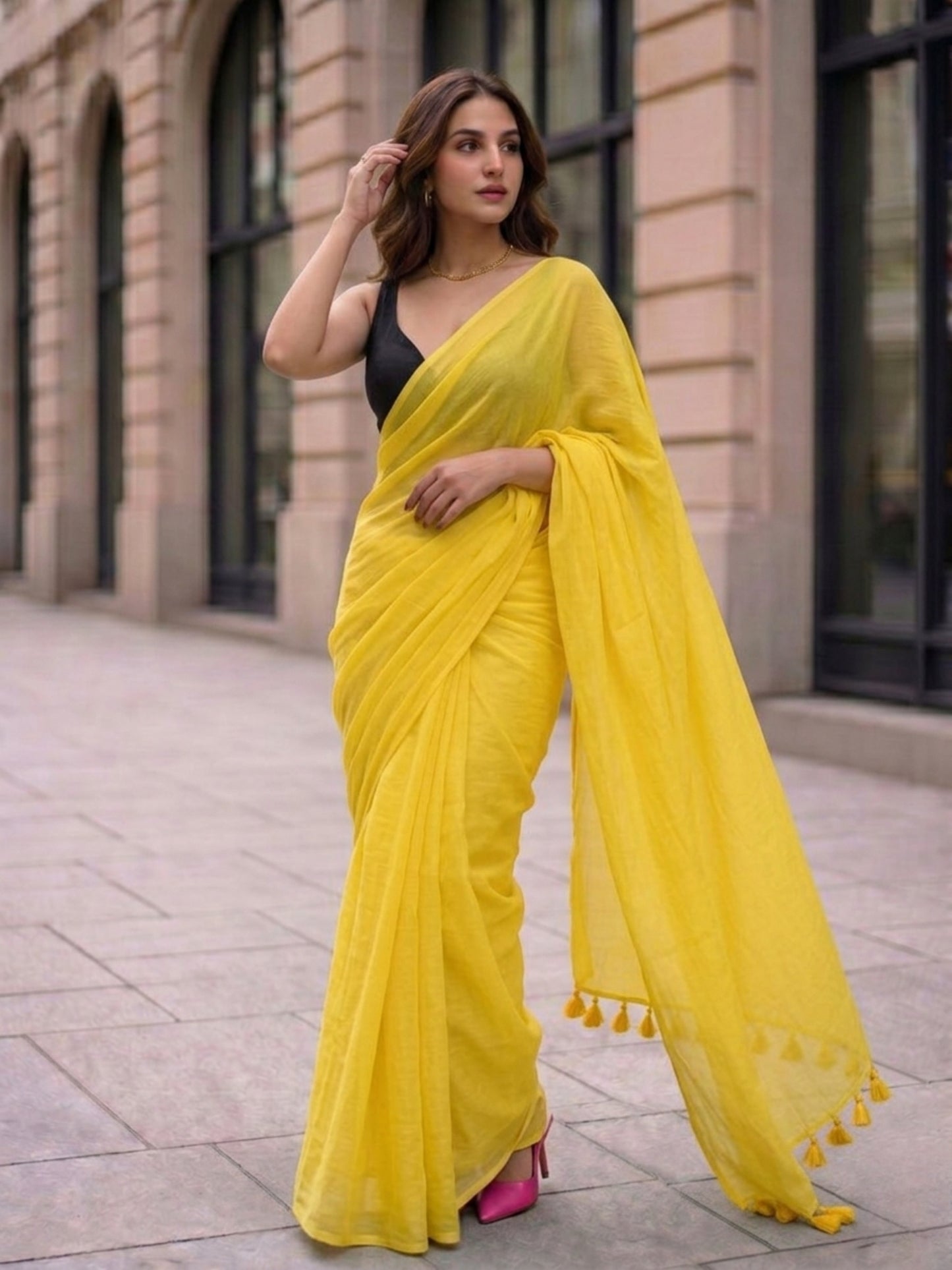 Lemonade - Plain Yellow Mul Cotton Saree