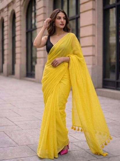 Lemonade - Plain Yellow Mul Cotton Saree