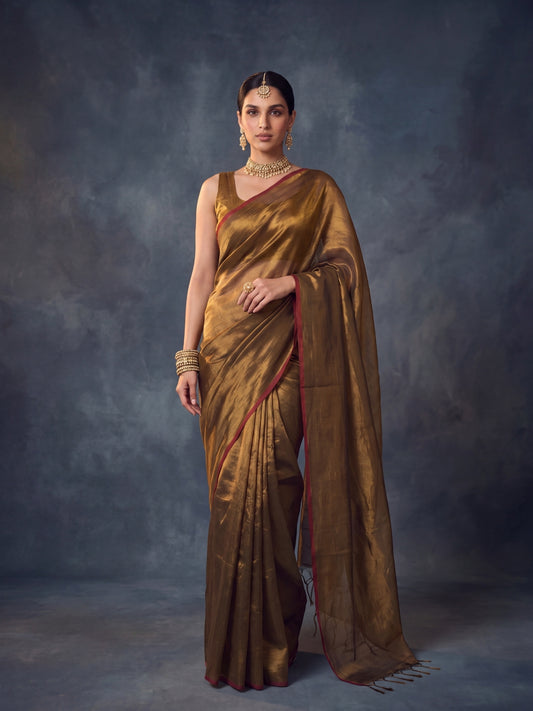 Svarn plain gold handloom tissue saree by MAYIN