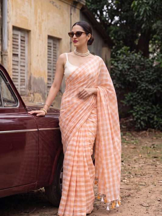 Apricity- Soft Peach Gingham Mulmul Cotton Saree
