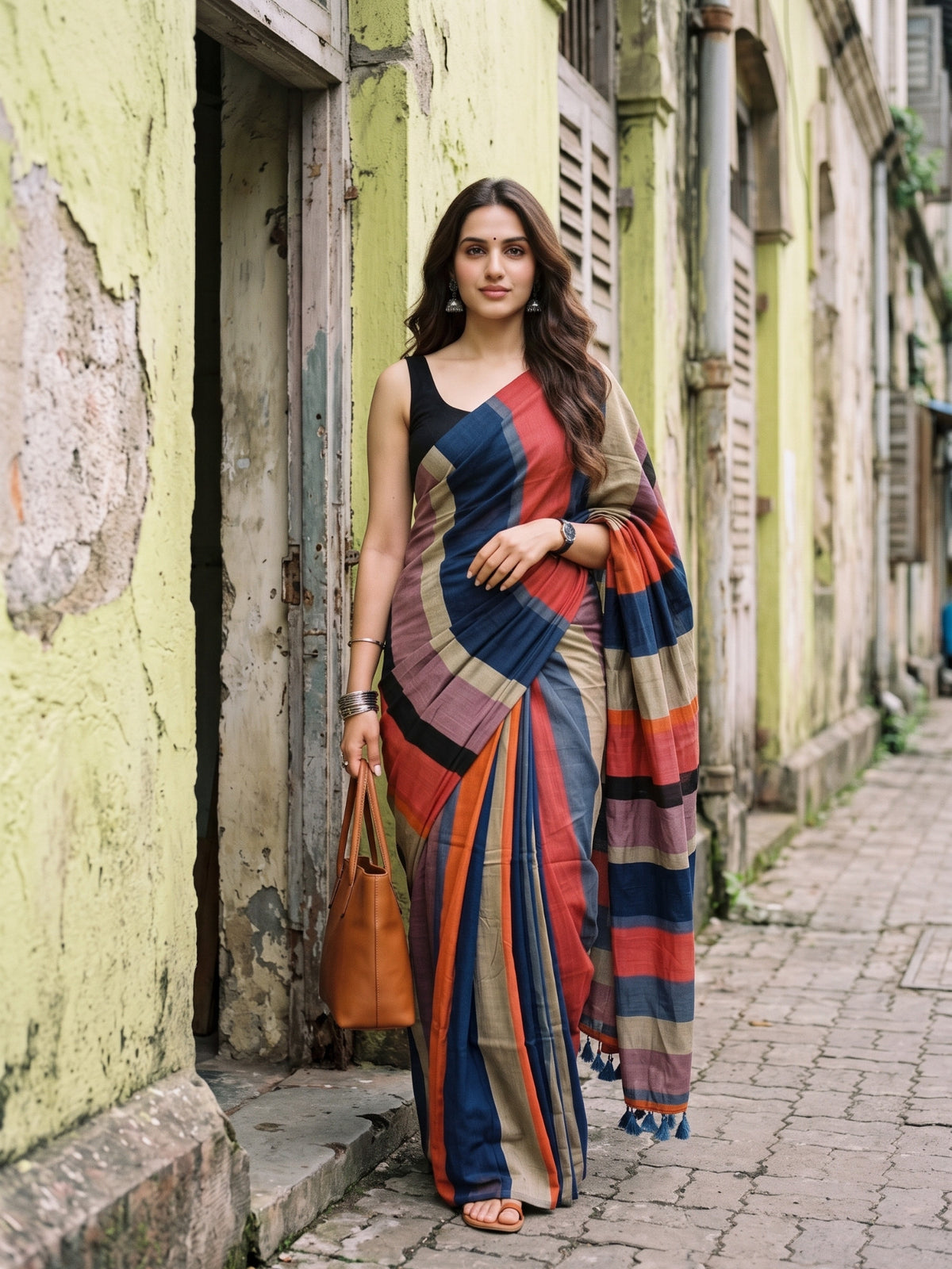 Urban Tide multicolour colourblock acrylic cotton saree, for daily wear