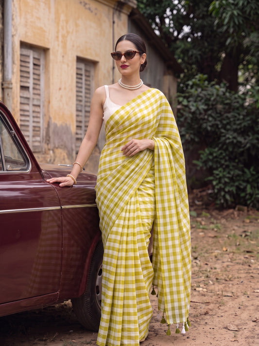 Citrine - Lime Green Gingham Mulmul Cotton Saree