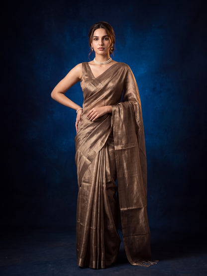 Ivara plain bronze handloom tissue saree by MAYIN