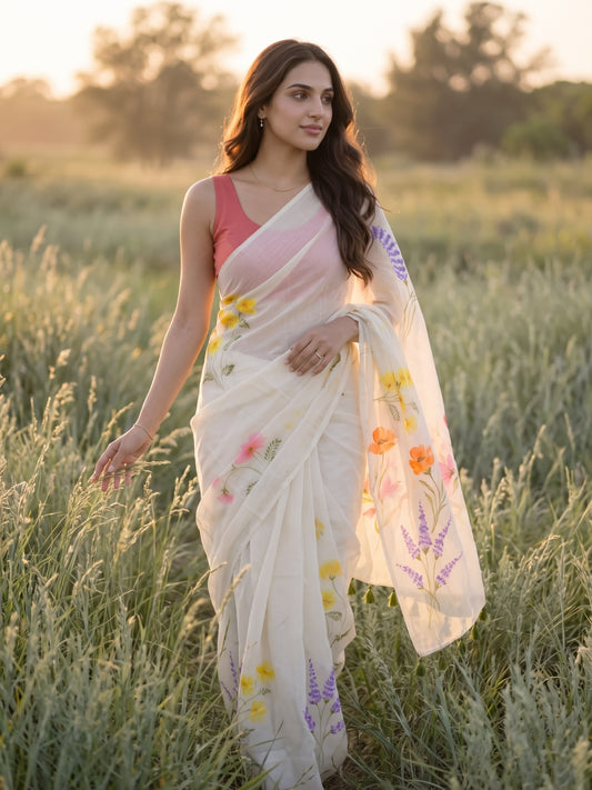 Cream Canvas - White Handpainted Mul Cotton Saree