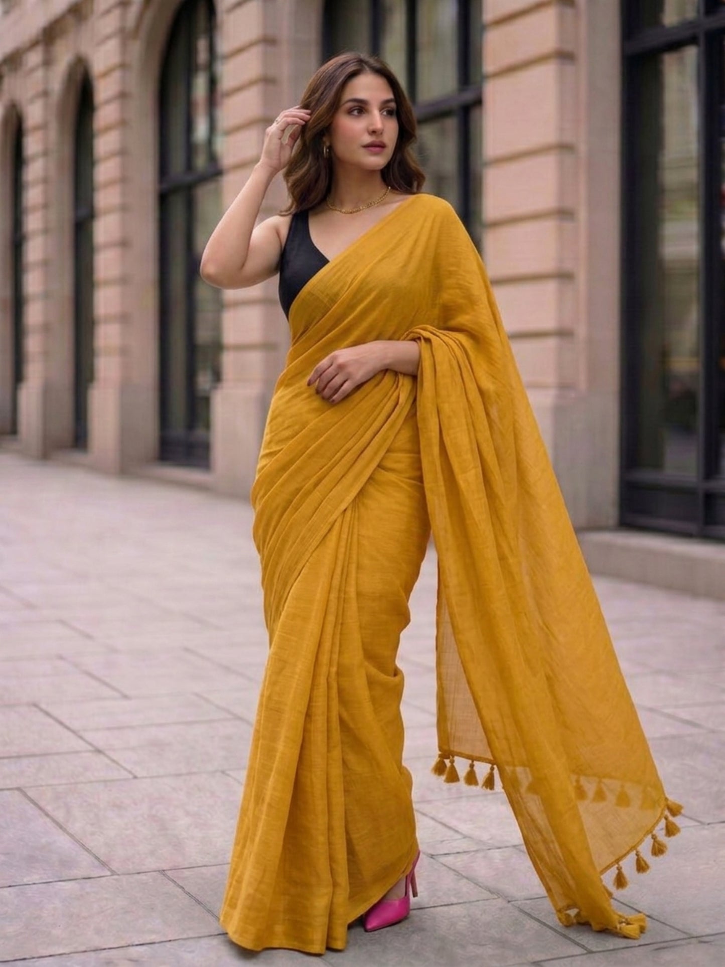 Amber - Plain Yellow Mul Modal Saree