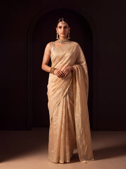 Meira plain ivory and gold handloom tissue saree by MAYIN