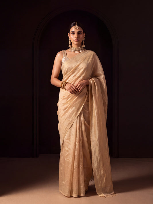 Meira plain ivory and gold handloom tissue saree by MAYIN