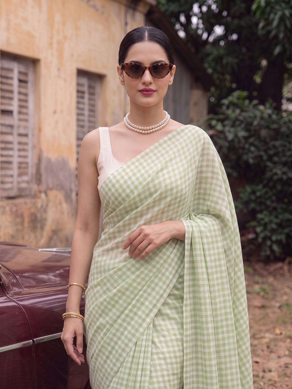 Spring Fern - Pastel Green Gingham Mulmul Cotton Saree