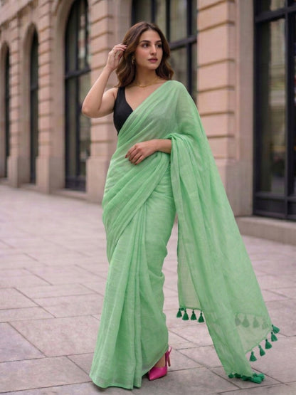 Mint Meadow - Plain Green Mul Cotton Saree