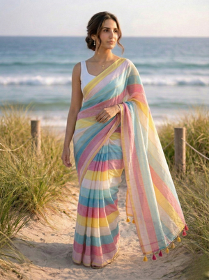 Rainbow - Multicolour Striped Mulmul Cotton Saree