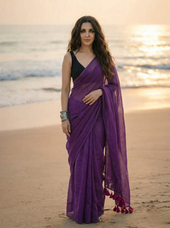 Blueberry Pie - Plain Royal Purple Mul Cotton Saree