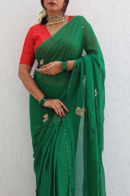Evergreen Pure Handembroidered Chiffon Saree