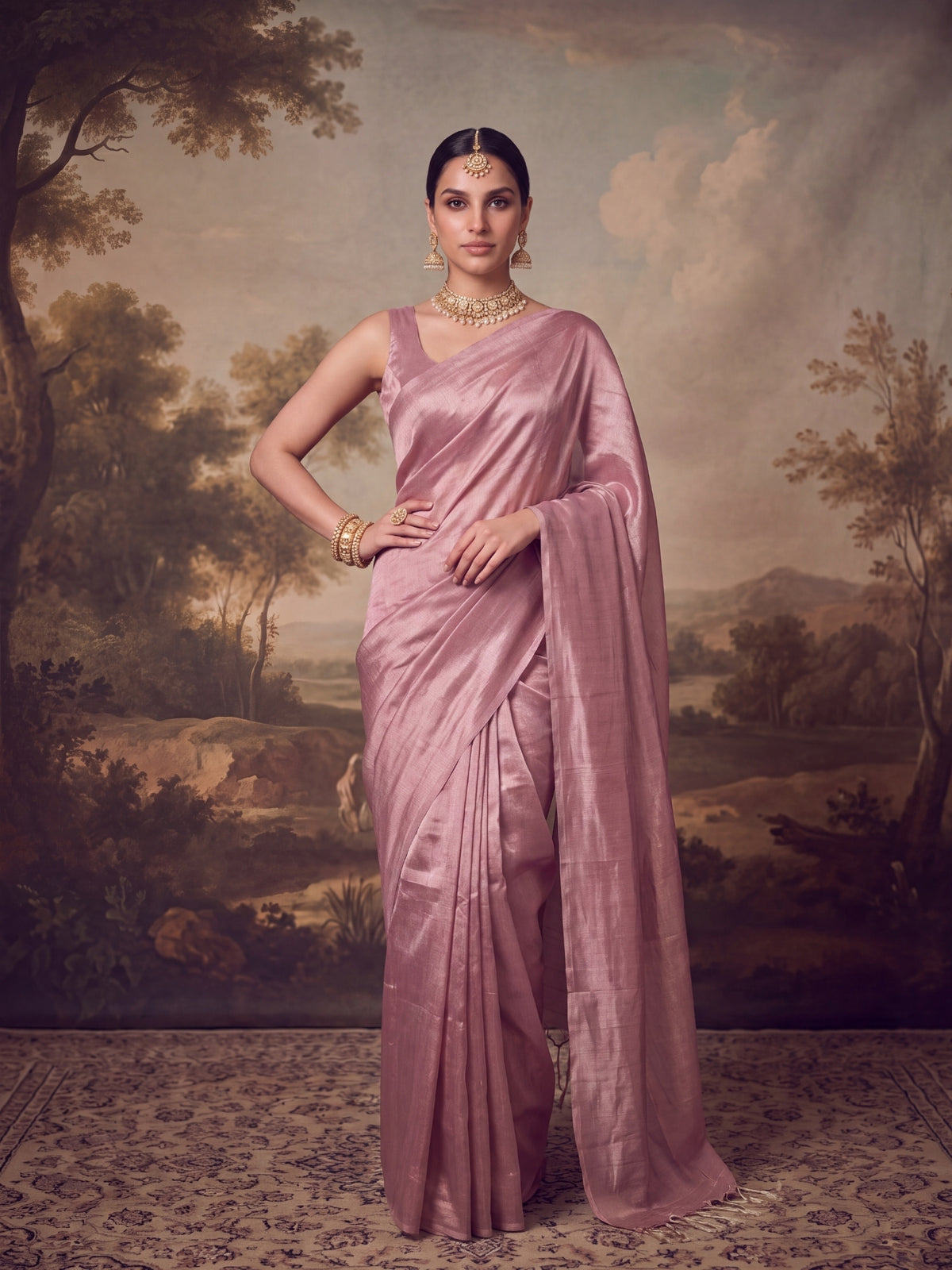 Rohini - Plain Pink Mul Cotton Tissue Saree