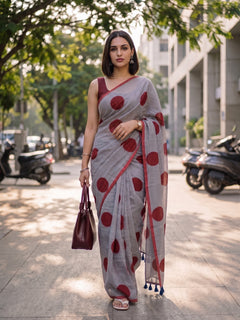 Spot On - Charcoal Polka Dot Mulmul Cotton Saree