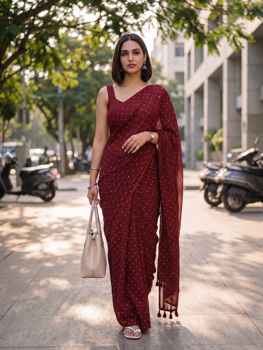 Regal Pin Drop - Maroon Red Polka Dot Modal Cotton Saree
