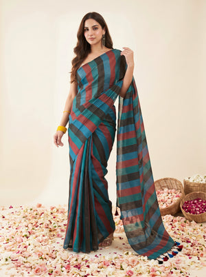 Siyaahi - Multicolour Striped Mul Cotton Zari Saree